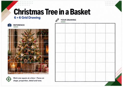 Christmas Tree in a Basket Grid Drawing Worksheet | Christmas Art | KS3 KS4