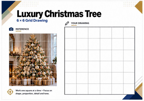 Luxury Christmas Tree Grid Drawing Worksheet | Detailed Festive Art | KS3 KS4
