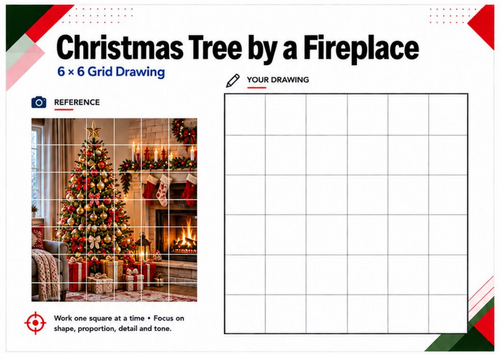 Christmas Tree & Fireplace Grid Drawing Worksheet | Christmas Art | KS3 KS4