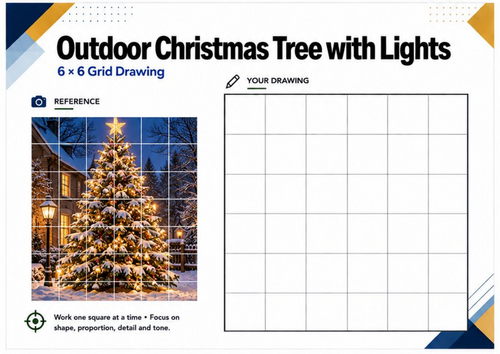 Outdoor Christmas Tree Grid Drawing Worksheet | Winter Lights Art | KS3 KS4