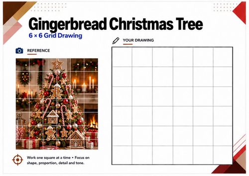 Gingerbread Christmas Tree Grid Drawing Worksheet | Christmas Art Activity | KS3 KS4