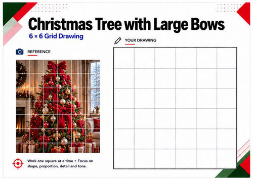 Christmas Tree with Bows Grid Drawing Worksheet | Festive Drawing | KS3 KS4 Art