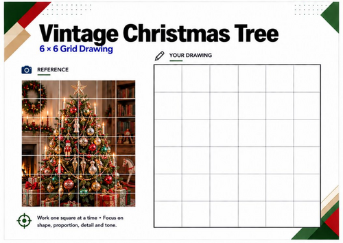 Vintage Christmas Tree Grid Drawing Worksheet | Traditional Festive Art | KS3 KS4