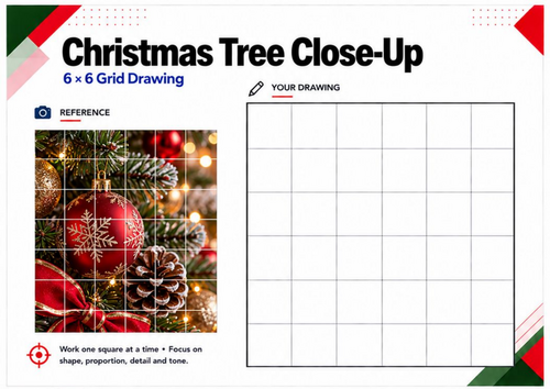 Christmas Bauble Grid Drawing Worksheet | Christmas Tree Close-Up | KS3 KS4 Art