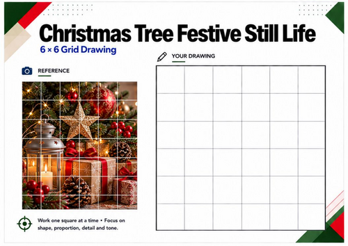 Christmas Still Life Grid Drawing Worksheet | Festive Drawing Activity | KS3 KS4