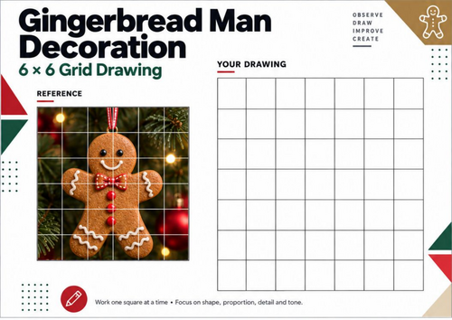 Gingerbread Man Grid Drawing Worksheet | Christmas Art Activity | KS3 KS4