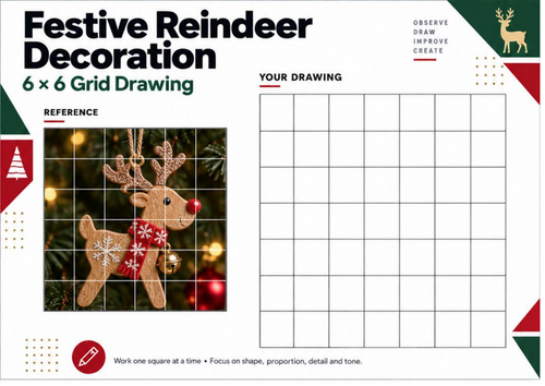 Christmas Reindeer Grid Drawing Worksheet | Festive Art Activity | KS3 KS4