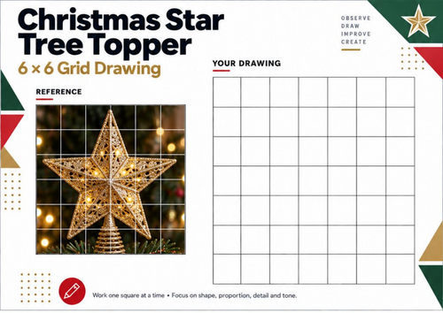 Christmas Star Grid Drawing Worksheet | Tree Topper Art Activity | KS3 KS4
