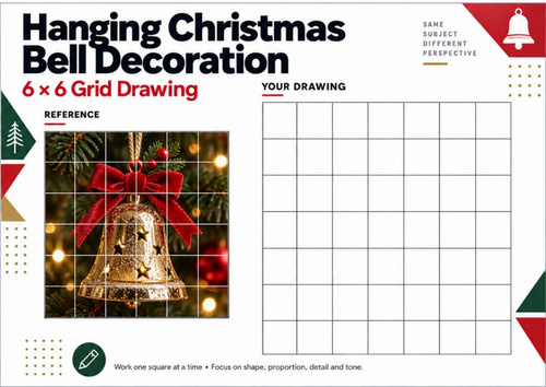 Christmas Bell Grid Drawing Worksheet | Festive Observational Drawing | KS3 KS4