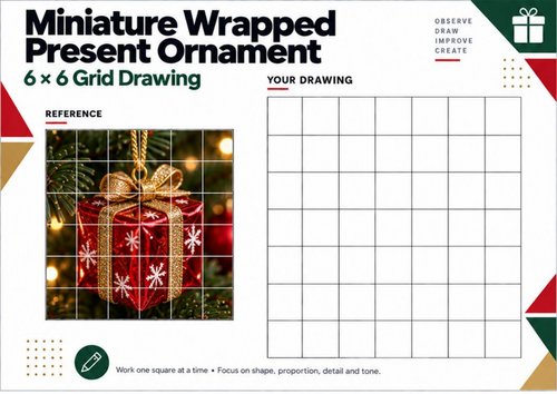 Christmas Present Grid Drawing Worksheet | Gift Ornament Art Activity | KS3 KS4