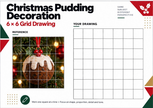 Christmas Pudding Grid Drawing Worksheet | Festive Art Activity | KS3 KS4