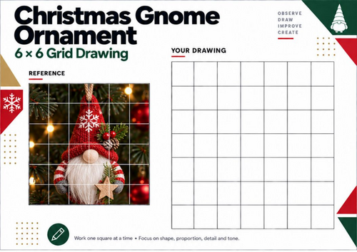 Christmas Gnome Grid Drawing Worksheet | Festive Art Activity | KS3 KS4