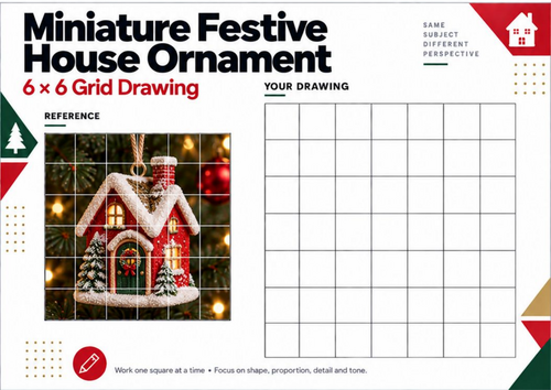 Christmas House Grid Drawing Worksheet | Festive Architecture Art Activity | KS3 KS4
