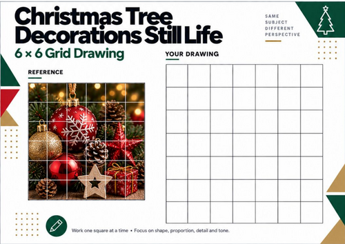 Christmas Still Life Grid Drawing Worksheet | Decorations 6x6 Art Activity | KS3 KS4