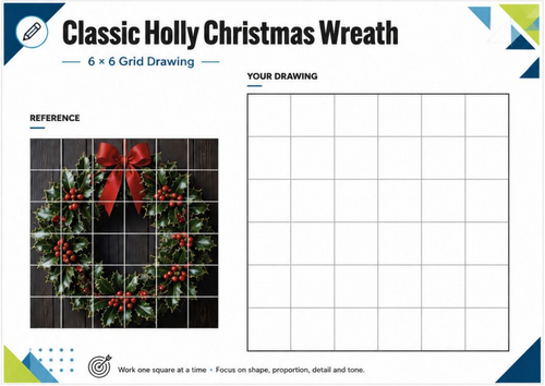 Classic Holly Christmas Wreath Grid Drawing Worksheet | 6x6 Festive Art | KS3 KS4