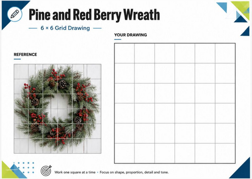 Pine & Red Berry Christmas Wreath Grid Drawing Worksheet | KS3 KS4 Art