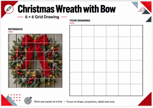 Christmas Wreath with Bow Grid Drawing Worksheet | Festive Art Activity | KS3 KS4