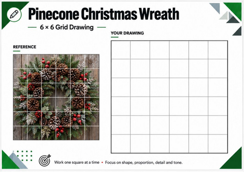 Pinecone Christmas Wreath Grid Drawing Worksheet | Christmas Art | KS3 KS4