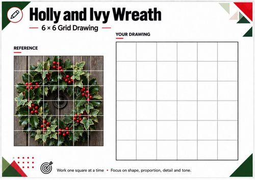 Holly & Ivy Christmas Wreath Grid Drawing Worksheet | Festive KS3 KS4 Art