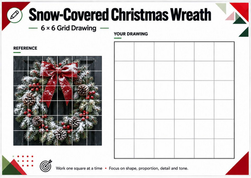 Snow-Covered Christmas Wreath Grid Drawing Worksheet | Winter Art | KS3 KS4
