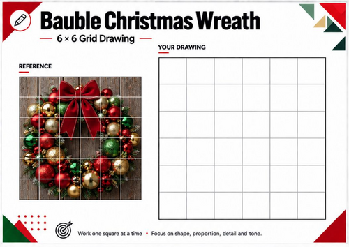 Christmas Bauble Wreath Grid Drawing Worksheet | Festive Drawing | KS3 KS4 Art