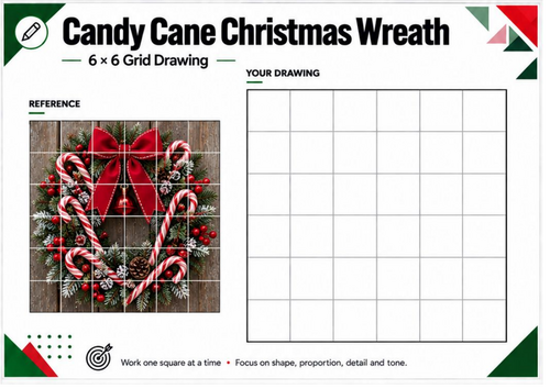 Candy Cane Christmas Wreath Grid Drawing Worksheet | Christmas Art Activity | KS3 KS4