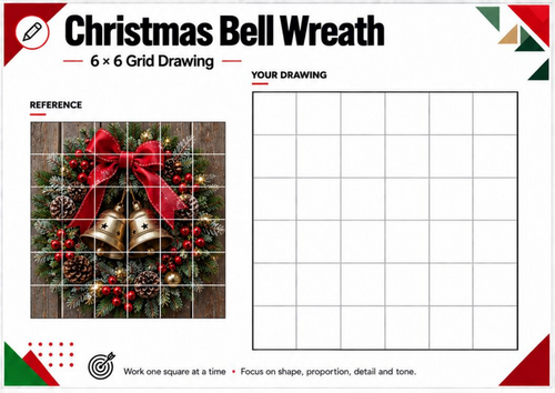 Christmas Bell Wreath Grid Drawing Worksheet | 6x6 Festive Drawing | KS3 KS4