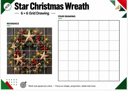 Star Christmas Wreath Grid Drawing Worksheet | Festive Art Activity | KS3 KS4
