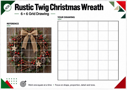 Rustic Twig Christmas Wreath Grid Drawing Worksheet | Christmas KS3 KS4 Art