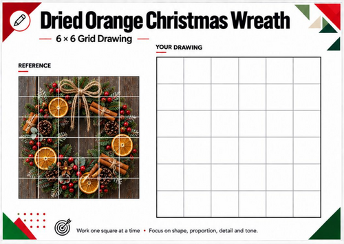 Dried Orange Christmas Wreath Grid Drawing Worksheet | Festive Still Life | KS3 KS4