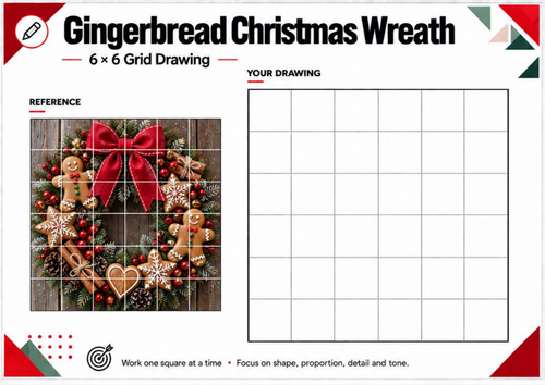 Gingerbread Christmas Wreath Grid Drawing Worksheet | Festive Art | KS3 KS4