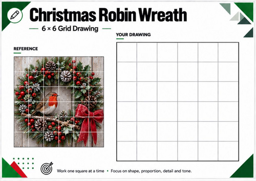 Christmas Robin Wreath Grid Drawing Worksheet | Bird Drawing Activity | KS3 KS4 Art