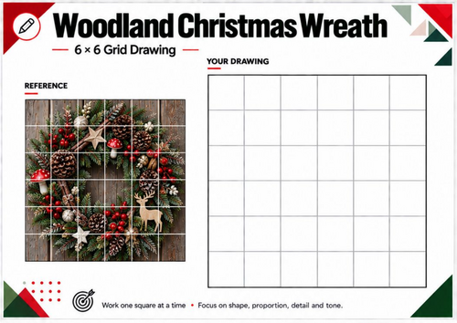 Woodland Christmas Wreath Grid Drawing Worksheet | Festive Nature Art | KS3 KS4