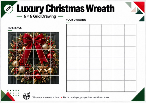 Luxury Christmas Wreath Grid Drawing Worksheet | Detailed Festive Art | KS3 KS4