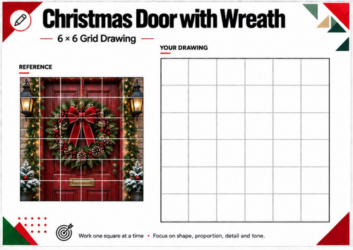 Christmas Door & Wreath Grid Drawing Worksheet | Festive Architecture Art | KS3 KS4
