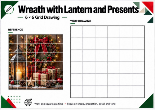 Christmas Wreath, Lantern & Presents Grid Drawing Worksheet | KS3 KS4 Art
