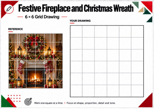 Christmas Fireplace & Wreath Grid Drawing Worksheet | Festive Art | KS3 KS4