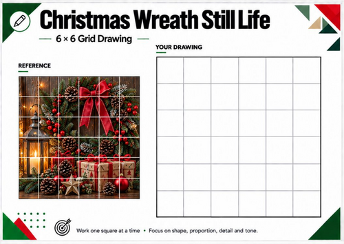 Christmas Wreath Still Life Grid Drawing Worksheet | Festive Drawing ...