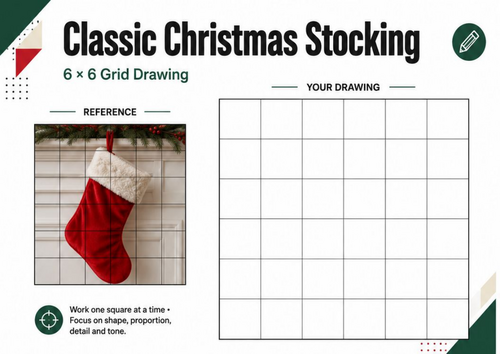 Classic Christmas Stocking Grid Drawing Worksheet | KS3 KS4 Art