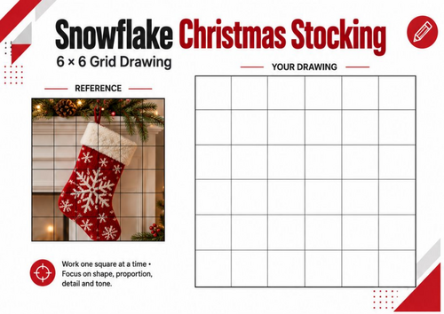 Snowflake Christmas Stocking Grid Drawing Worksheet | Festive Art