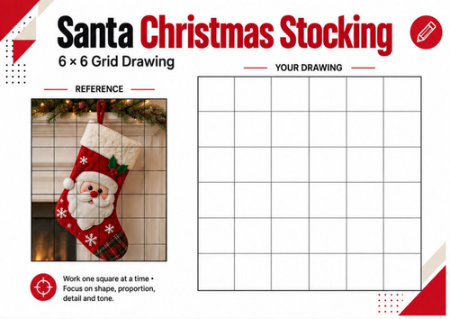 Santa Christmas Stocking Grid Drawing Worksheet | Christmas Art Activity