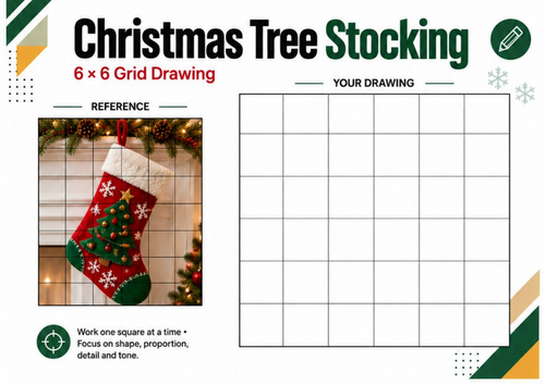 Christmas Tree Stocking Grid Drawing Worksheet | Festive Art Activity