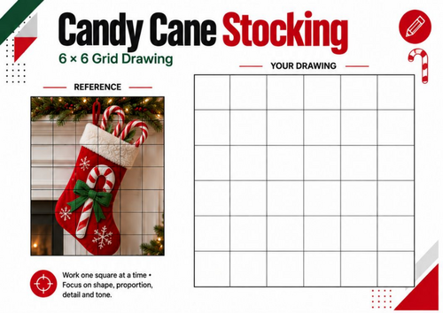 Candy Cane Christmas Stocking Grid Drawing Worksheet | KS3 KS4 Art