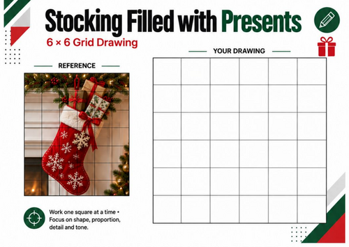 Christmas Stocking Filled with Presents Grid Drawing Worksheet | Art