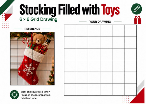 Christmas Stocking Filled with Toys Grid Drawing Worksheet | KS3 KS4