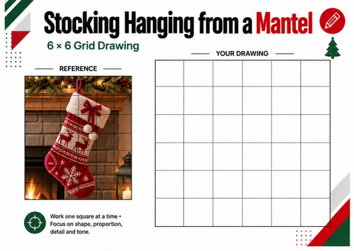 Christmas Stocking Hanging from a Mantel Grid Drawing Worksheet | Art