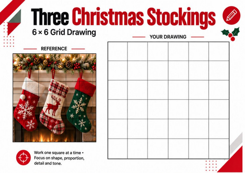 Three Christmas Stockings Grid Drawing Worksheet | Festive Art Activity