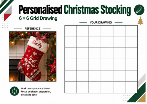 Personalised Christmas Stocking Grid Drawing Worksheet | KS3 KS4 Art