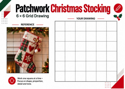 Patchwork Christmas Stocking Grid Drawing Worksheet | Festive Art