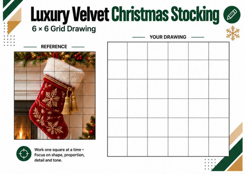Luxury Velvet Christmas Stocking Grid Drawing Worksheet | KS3 KS4 Art
